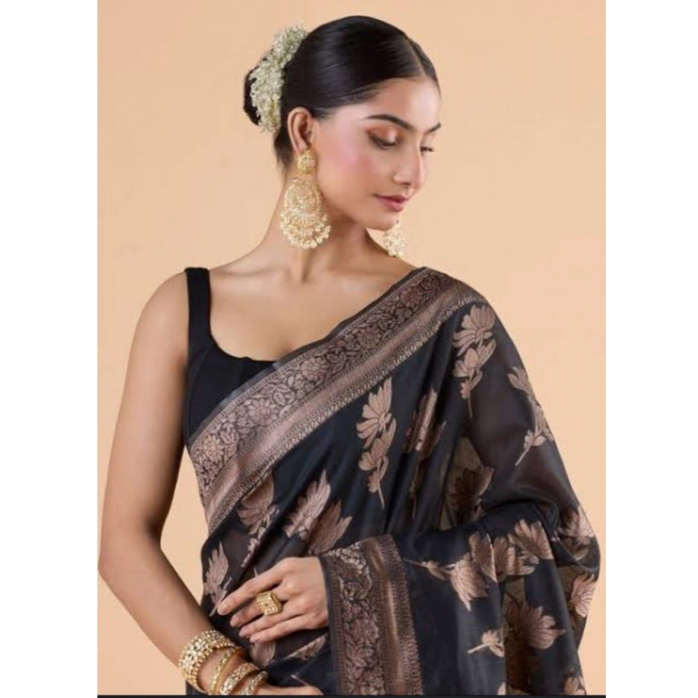 Generic Women's Silk Printed Saree With Unstitched Blouse 5.5Mtr (Black)
