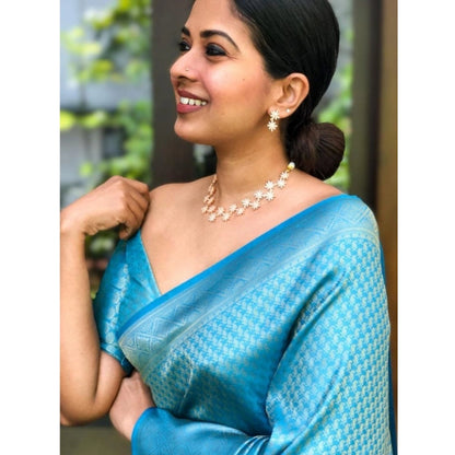 Generic Women's Silk Printed Saree With Unstitched Blouse 5.5Mtr (Sky Blue)