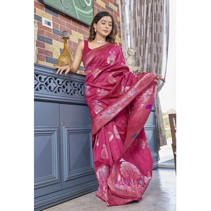 Generic Women's Silk Printed Saree With Unstitched Blouse 5.5Mtr (Rani Pink)