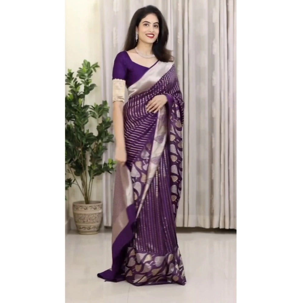 Generic Women's Silk Printed Saree With Unstitched Blouse 5.5Mtr (Purple)