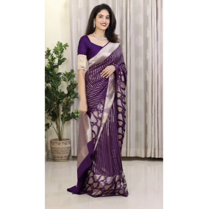 Generic Women's Silk Printed Saree With Unstitched Blouse 5.5Mtr (Purple)