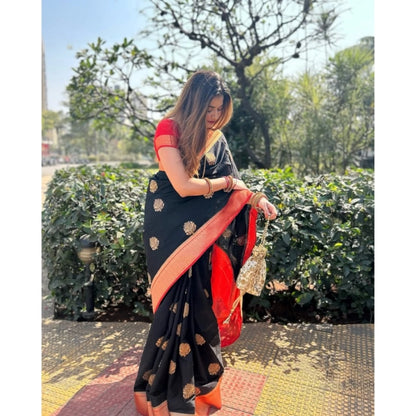 Generic Women's Silk Printed Saree With Unstitched Blouse 5.5Mtr (Black-Red)