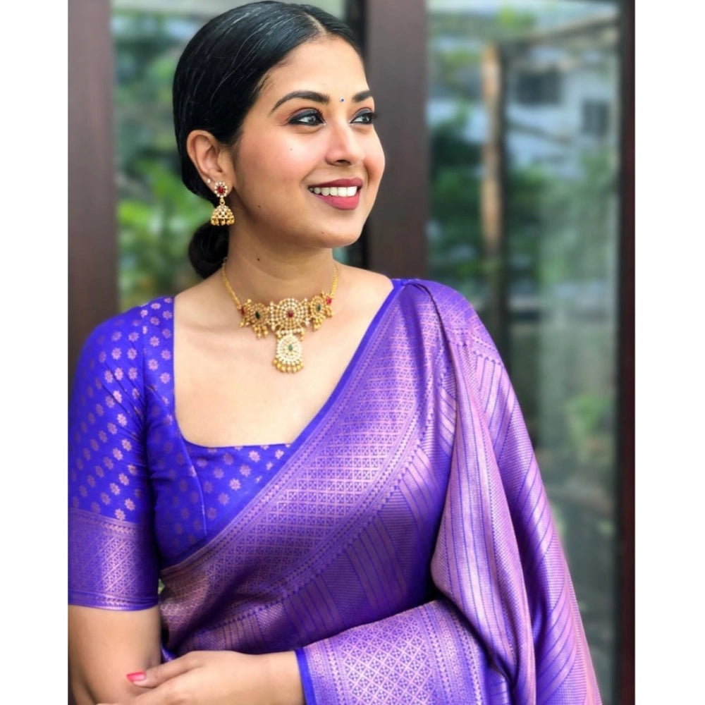 Generic Women's Silk Printed Saree With Unstitched Blouse 5.5Mtr (Blue)