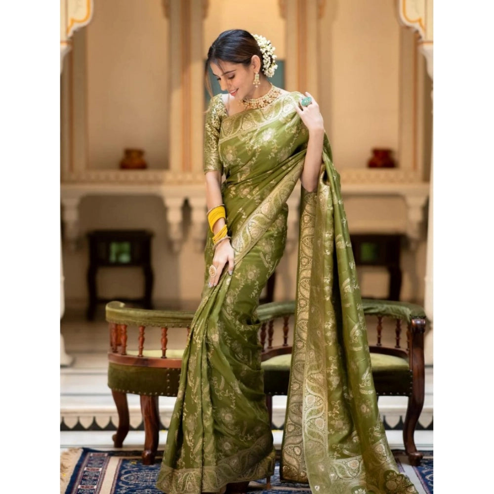 Generic Women's Silk Printed Saree With Unstitched Blouse 5.5Mtr (Olive Green)