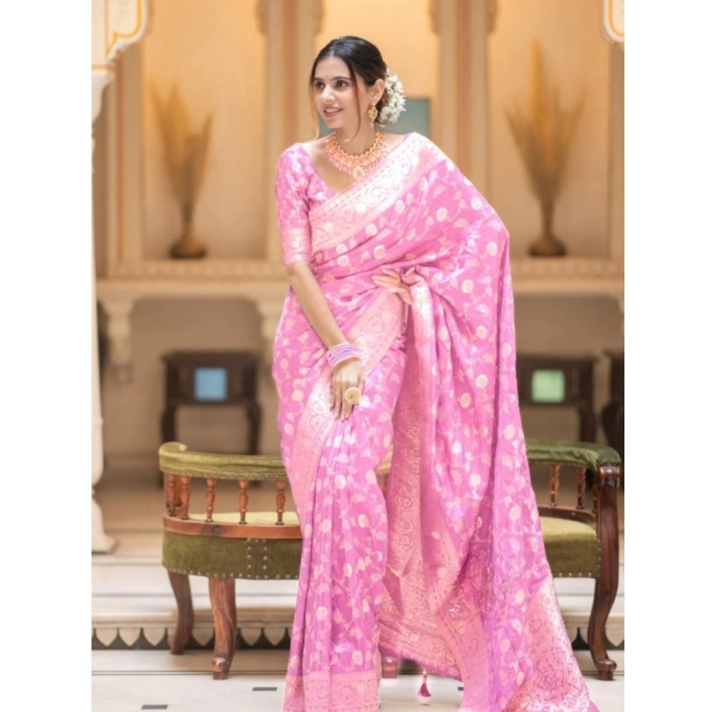 Generic Women's Silk Printed Saree With Unstitched Blouse 5.5Mtr (Pink)