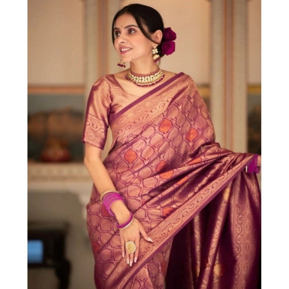 Generic Women's Silk Printed Saree With Unstitched Blouse 5.5Mtr (Wine)