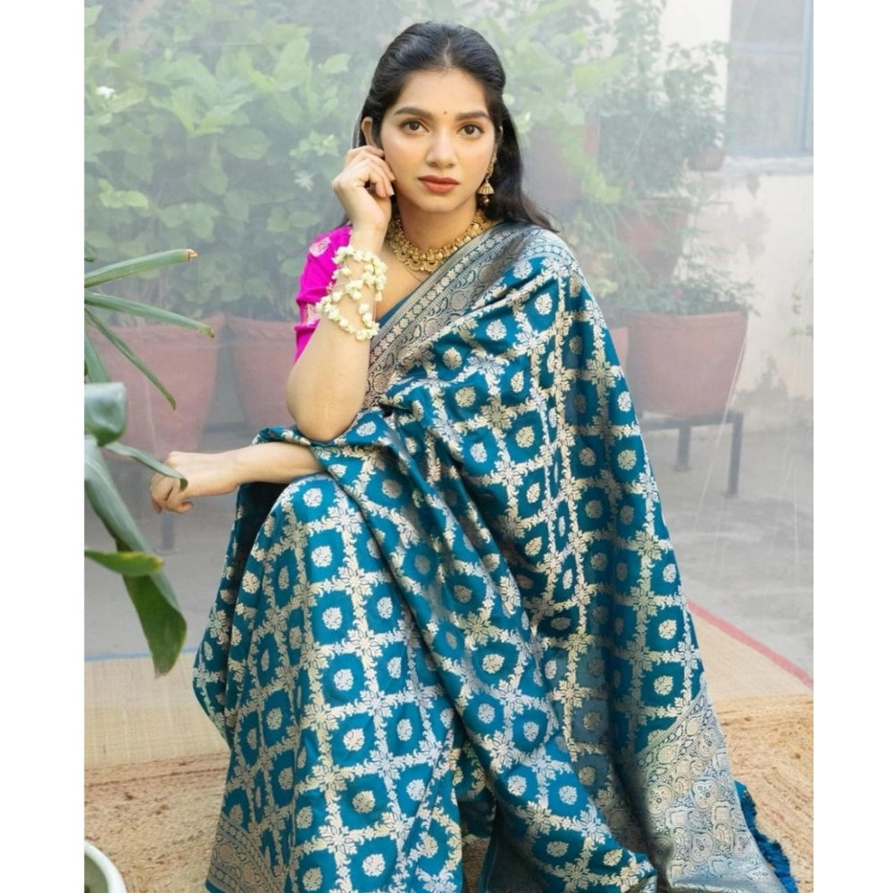 Generic Women's Silk Printed Saree With Unstitched Blouse 5.5Mtr (Sky Blue)