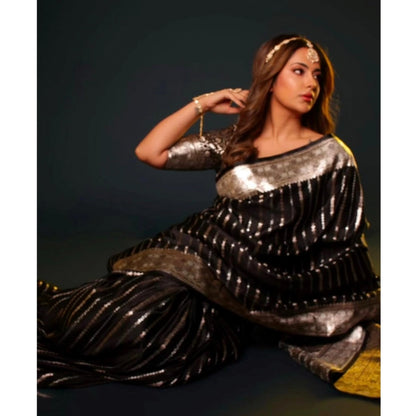 Generic Women's Silk Printed Saree With Unstitched Blouse 5.5Mtr (Black)