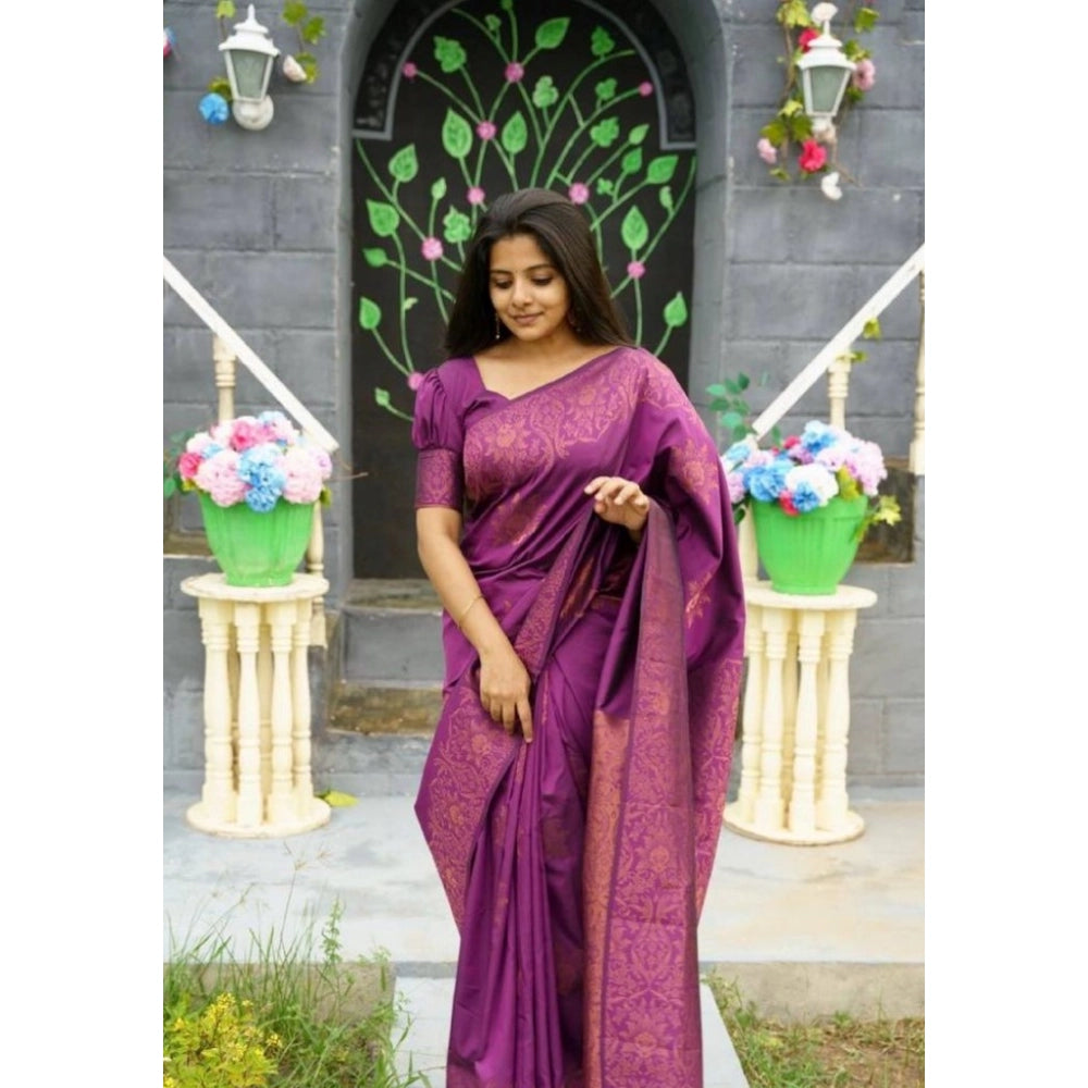 Generic Women's Silk Printed Saree With Unstitched Blouse 5.5Mtr (Purple)