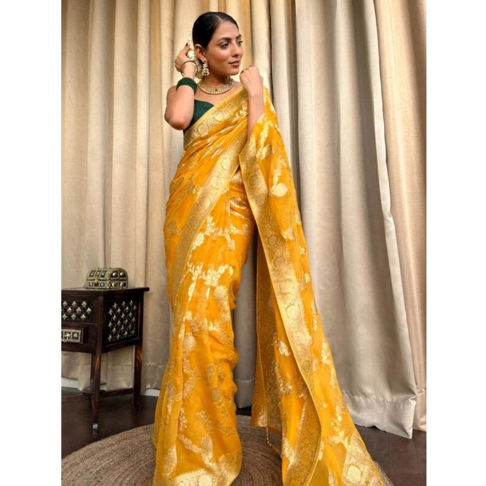 Generic Women's Silk Printed Saree With Unstitched Blouse 5.5Mtr (Gold Yellow)