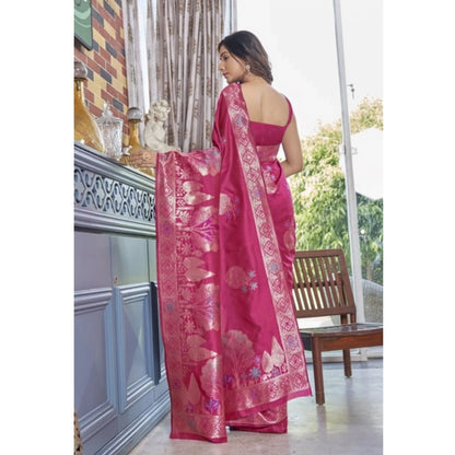 Generic Women's Silk Printed Saree With Unstitched Blouse 5.5Mtr (Rani Pink)