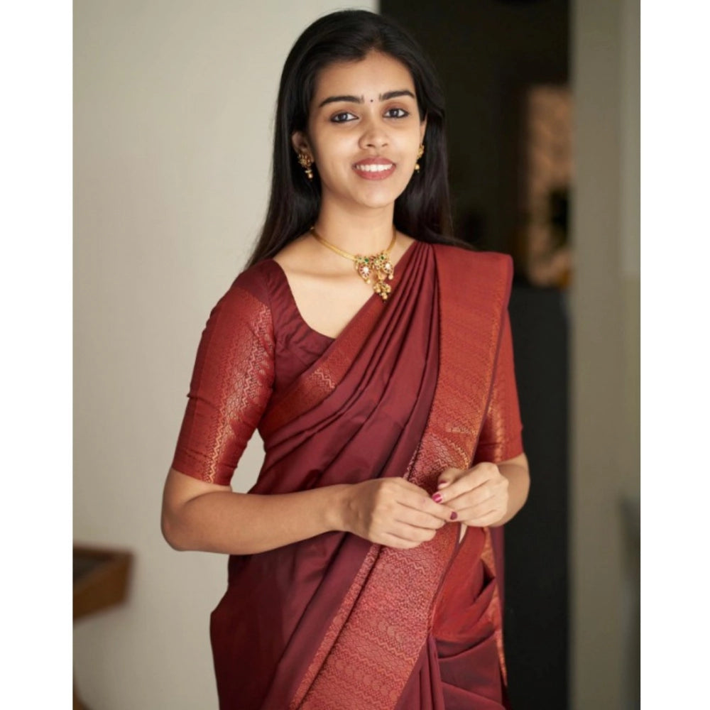 Generic Women's Silk Printed Saree With Unstitched Blouse 5.5Mtr (Maroon)