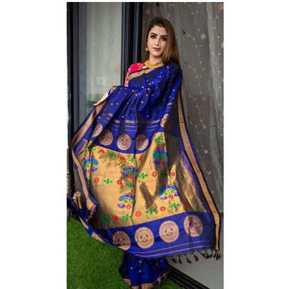 Generic Women's Silk Printed Saree With Unstitched Blouse 5.5Mtr (Blue)