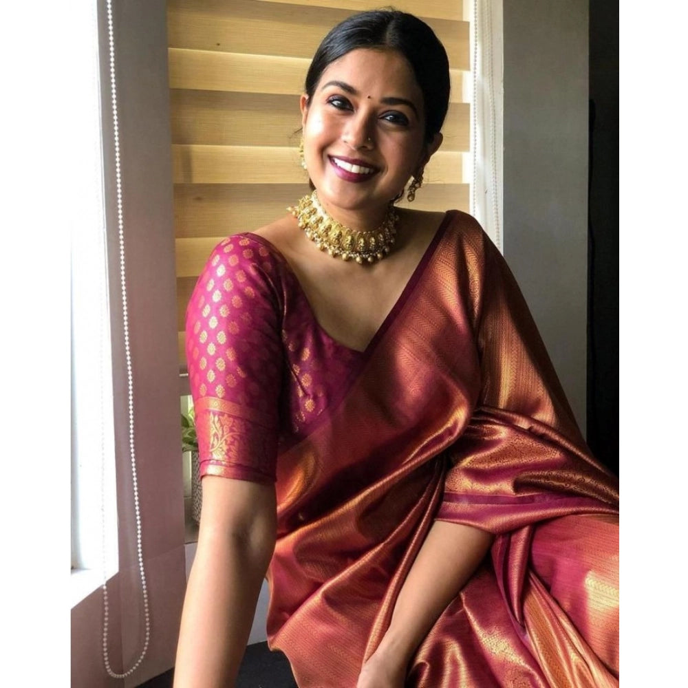 Generic Women's Silk Printed Saree With Unstitched Blouse 5.5Mtr (Maroon)