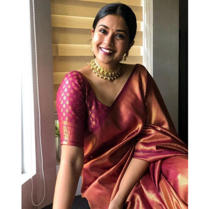 Generic Women's Silk Printed Saree With Unstitched Blouse 5.5Mtr (Maroon)