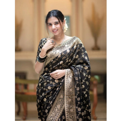 Generic Women's Silk Printed Saree With Unstitched Blouse 5.5Mtr (Black)