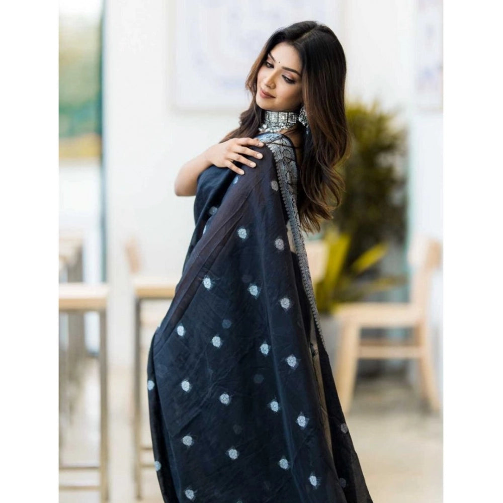 Generic Women's Cotton  Printed Saree With Unstitched Blouse 5.5Mtr (Black)