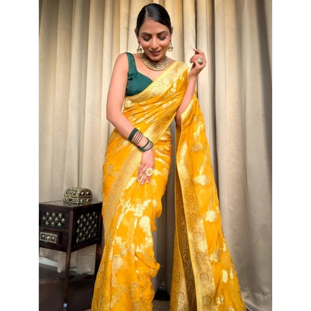 Generic Women's Silk Printed Saree With Unstitched Blouse 5.5Mtr (Gold Yellow)
