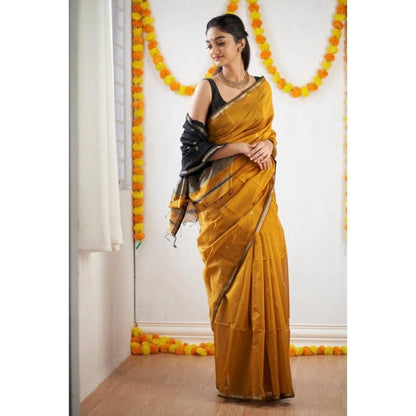 Generic Women's Cotton  Printed Saree With Unstitched Blouse 5.5Mtr (Yellow)