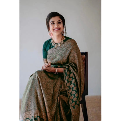 Generic Women's Silk Printed Saree With Unstitched Blouse 5.5Mtr (Green)