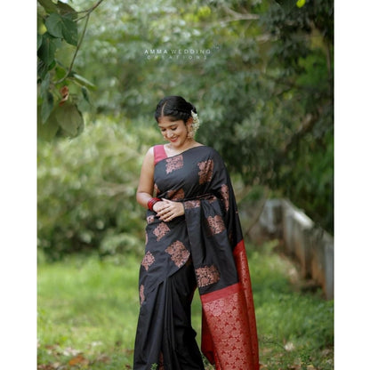 Generic Women's Silk Printed Saree With Unstitched Blouse 5.5Mtr (Black-Red)