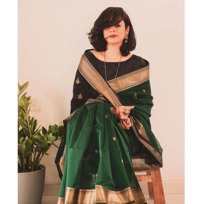 Generic Women's Silk Printed Saree With Unstitched Blouse 5.5Mtr (Dark Green)