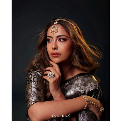 Generic Women's Silk Printed Saree With Unstitched Blouse 5.5Mtr (Black)