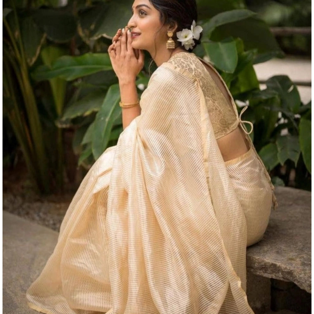 Generic Women's Silk Printed Saree With Unstitched Blouse 5.5Mtr (Off White)