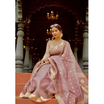 Generic Women's Cotton  Printed Saree With Unstitched Blouse 5.5Mtr (Rose Gold)