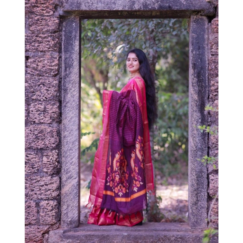 Generic Women's Silk Printed Saree With Unstitched Blouse 5.5Mtr (Purple)