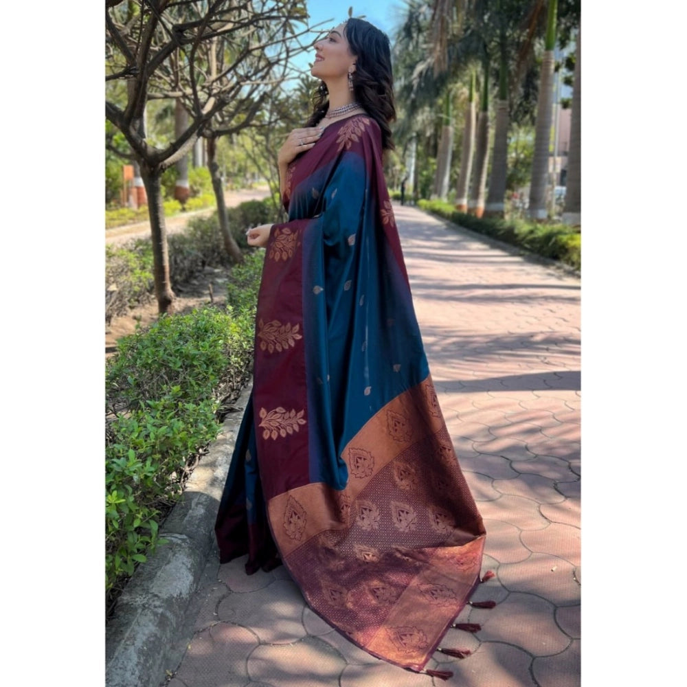 Generic Women's Silk Printed Saree With Unstitched Blouse 5.5Mtr (Blue)