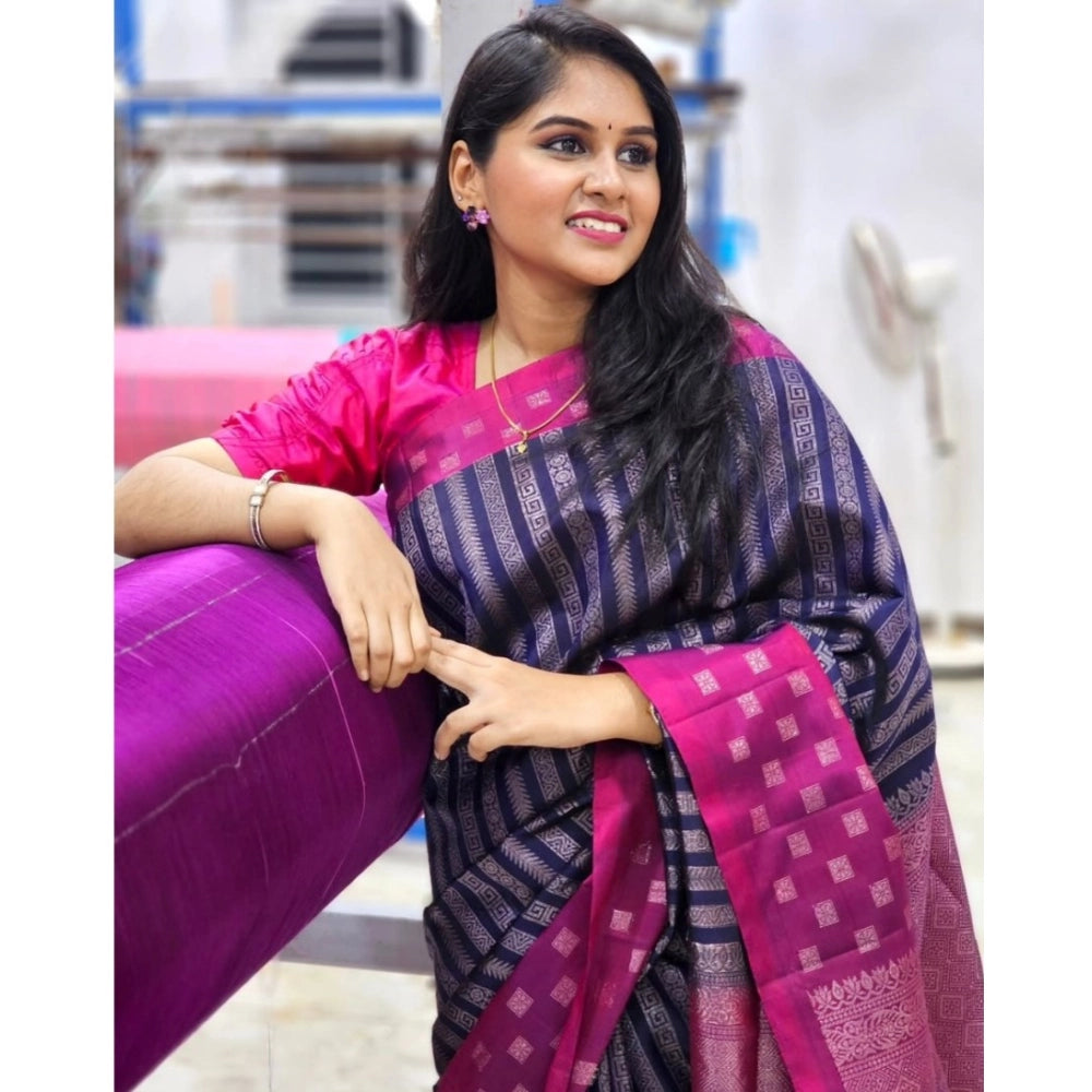 Generic Women's Silk Printed Saree With Unstitched Blouse 5.5Mtr (Navy Blue)