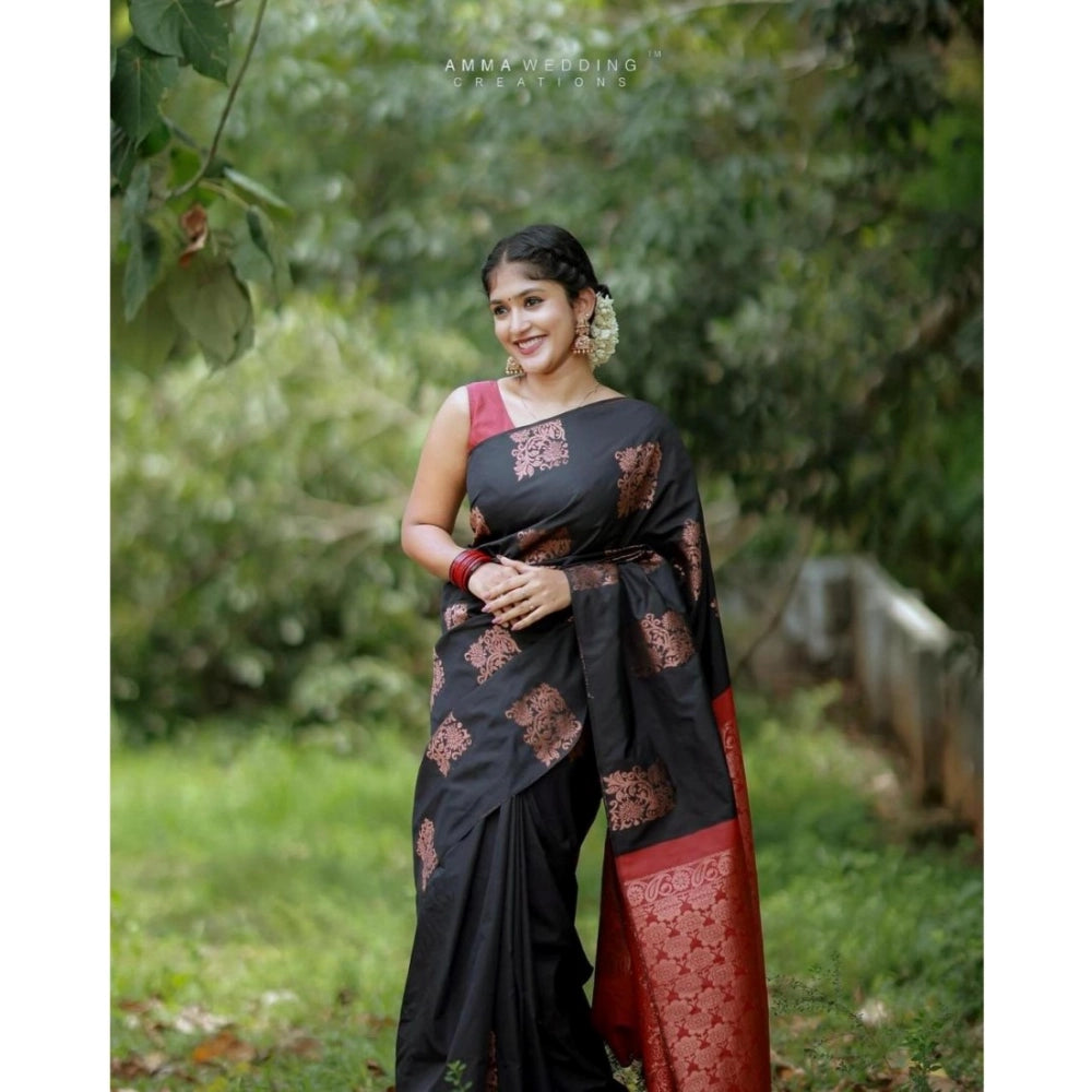 Generic Women's Silk Printed Saree With Unstitched Blouse 5.5Mtr (Black-Red)