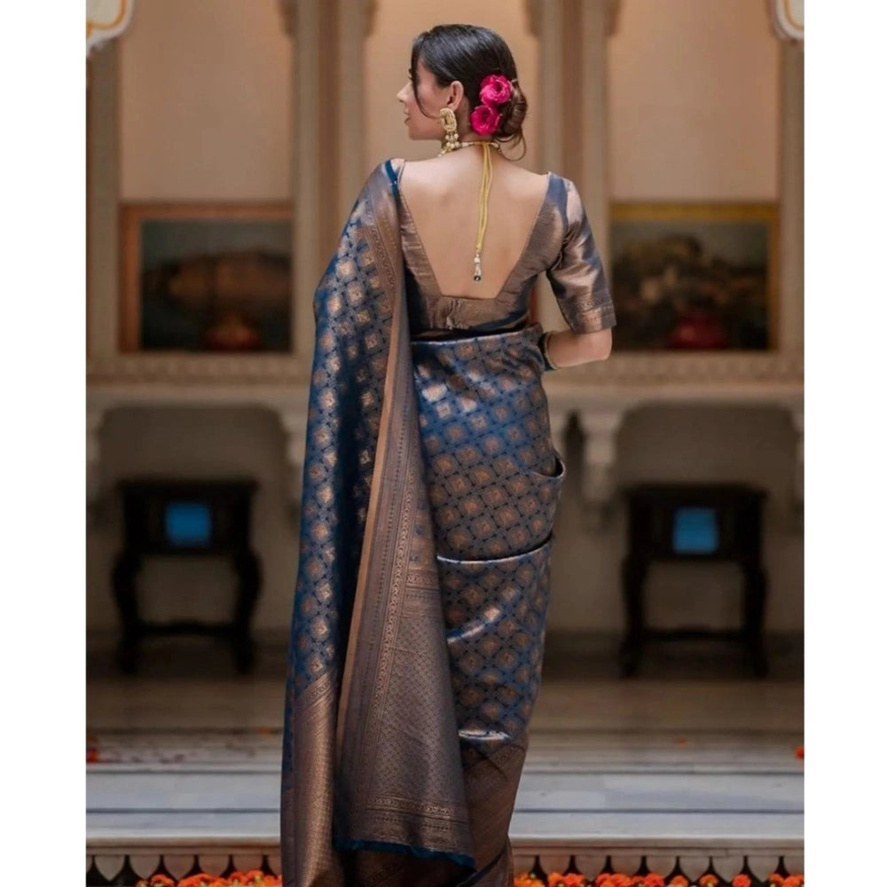 Generic Women's Silk Printed Saree With Unstitched Blouse 5.5Mtr (Blue)