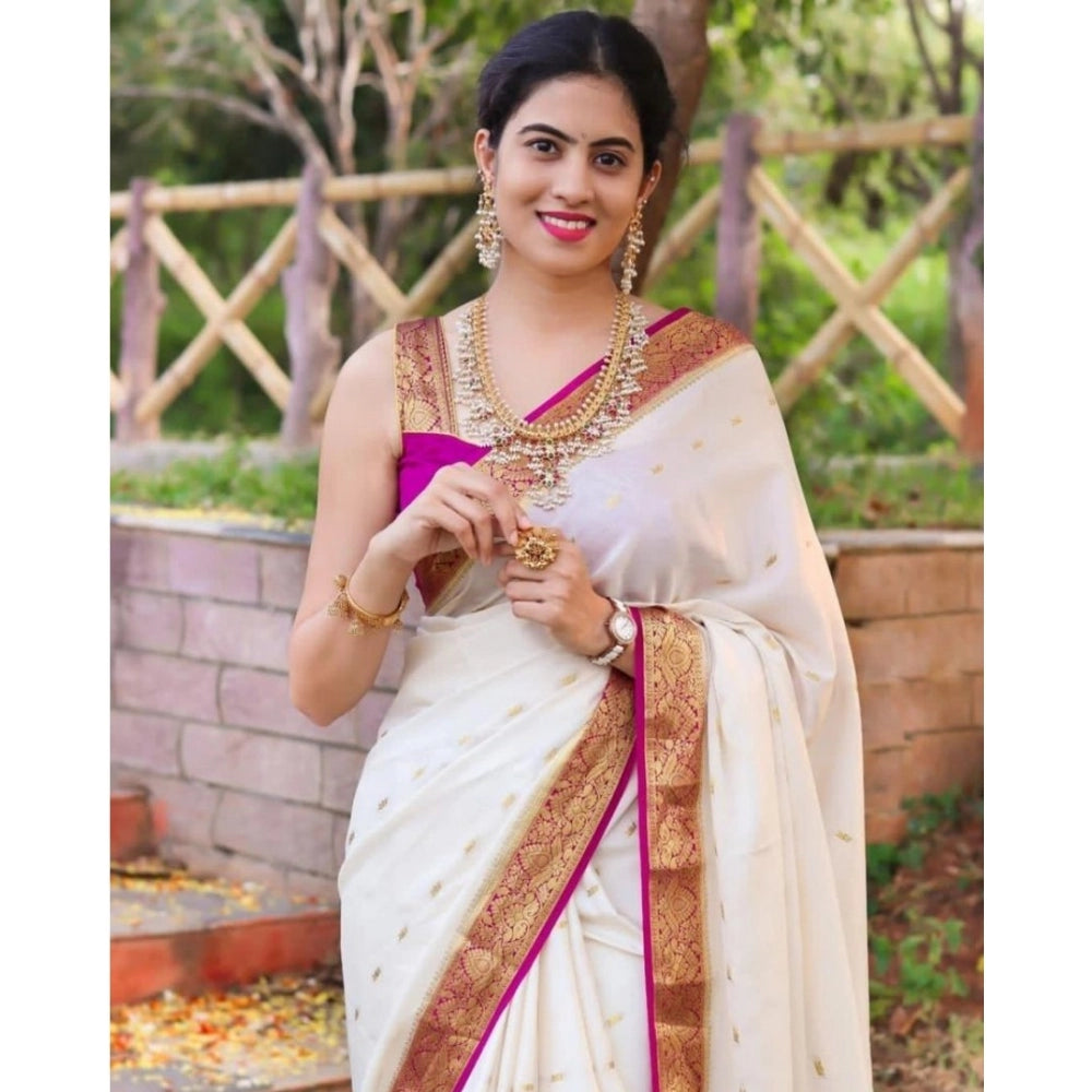 Generic Women's Silk Printed Saree With Unstitched Blouse 5.5Mtr (White)
