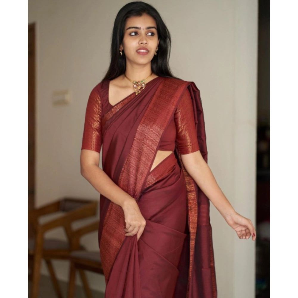 Generic Women's Silk Printed Saree With Unstitched Blouse 5.5Mtr (Maroon)