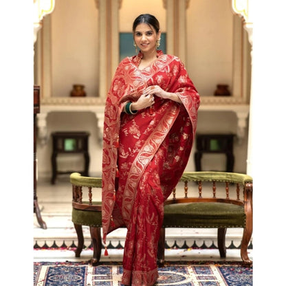 Generic Women's Silk Printed Saree With Unstitched Blouse 5.5Mtr (Red)