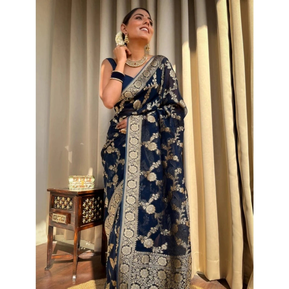 Generic Women's Silk Printed Saree With Unstitched Blouse 5.5Mtr (Dark Blue)