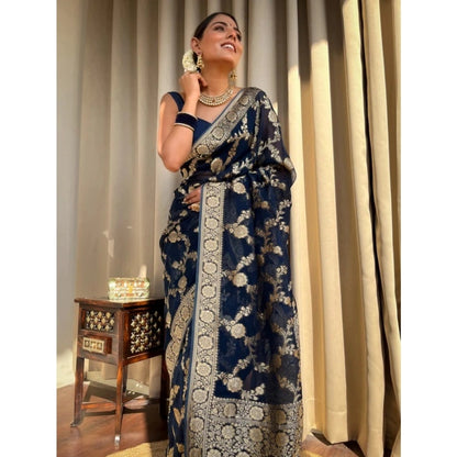Generic Women's Silk Printed Saree With Unstitched Blouse 5.5Mtr (Dark Blue)