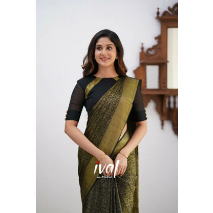 Generic Women's Silk Printed Saree With Unstitched Blouse 5.5Mtr (Black)