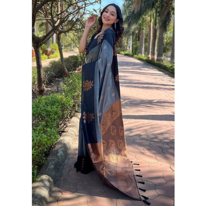 Generic Women's Silk Printed Saree With Unstitched Blouse 5.5Mtr (Grey)