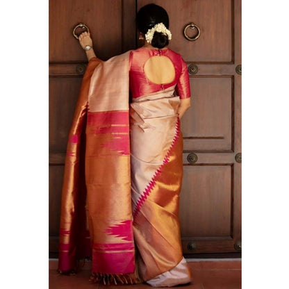 Generic Women's Silk Printed Saree With Unstitched Blouse 5.5Mtr (Cream)