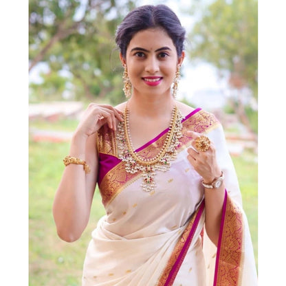 Generic Women's Silk Printed Saree With Unstitched Blouse 5.5Mtr (White)