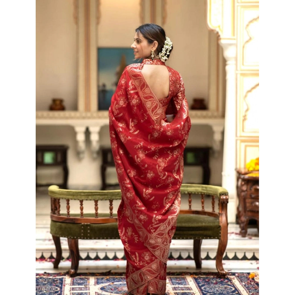 Generic Women's Silk Printed Saree With Unstitched Blouse 5.5Mtr (Red)