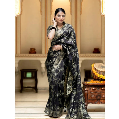 Generic Women's Silk Printed Saree With Unstitched Blouse 5.5Mtr (Black)