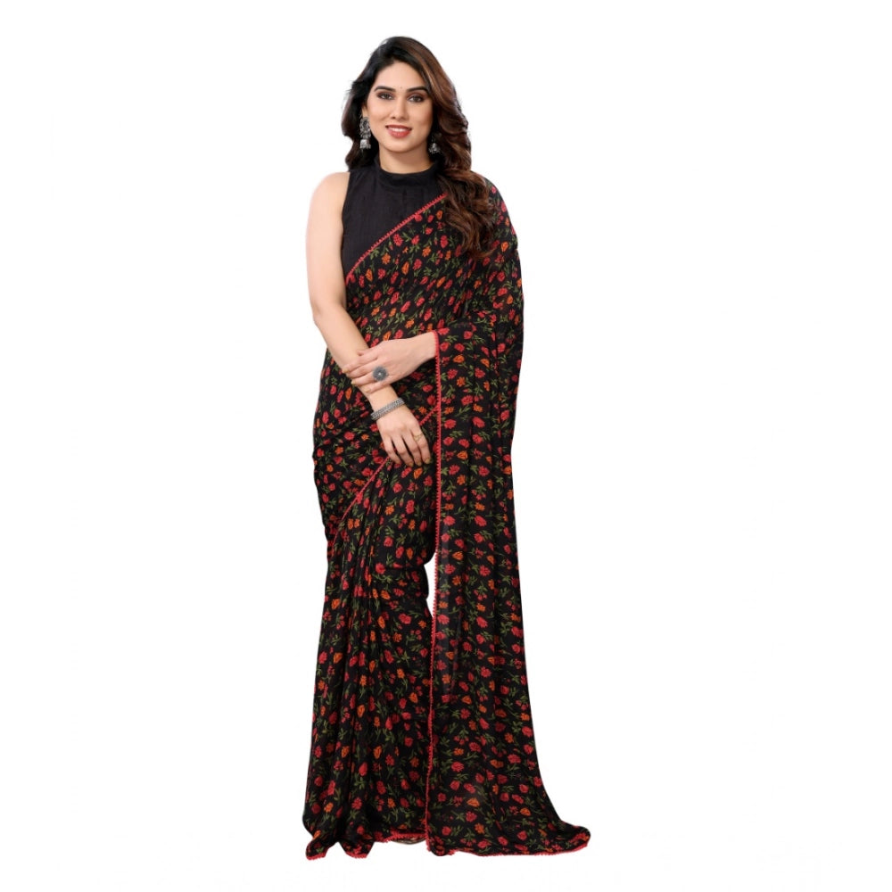 Generic Women's Small Lace Georgette Printed Ready-to-Wear Saree With Unstitched Blouse 5.5 Mtr (Black)