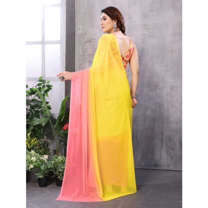 Generic Women's Small Lace Georgette Solid Ready-to-Wear Saree With Unstitched Blouse 5.5 Mtr (Pink-Yellow)