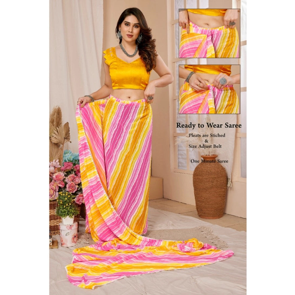 Generic Women's Small Lace Georgette Striped Ready-to-Wear Saree With Unstitched Blouse 5.5 Mtr (Yellow-Pink)