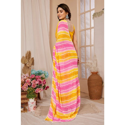 Generic Women's Small Lace Georgette Striped Ready-to-Wear Saree With Unstitched Blouse 5.5 Mtr (Yellow-Pink)