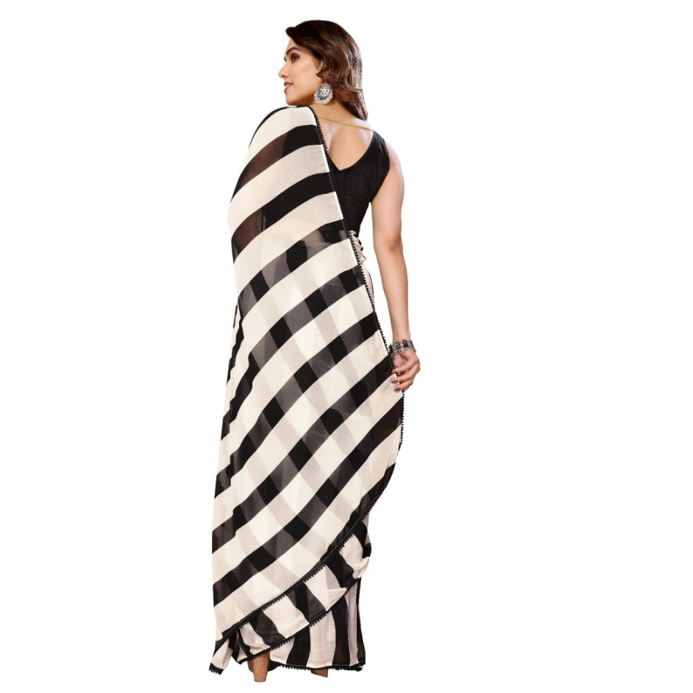 Generic Women's Small Lace Georgette Striped Ready-to-Wear Saree With Unstitched Blouse 5.5 Mtr (Black-White)